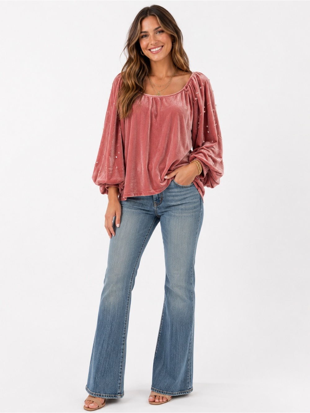 Women’s BOHO lux Pink Velvet Balloon Sleeve Top -